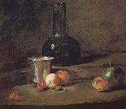 Wine glass bottles fitted five silver Cherry wine a two peach apricot, and a green apple Jean Baptiste Simeon Chardin
